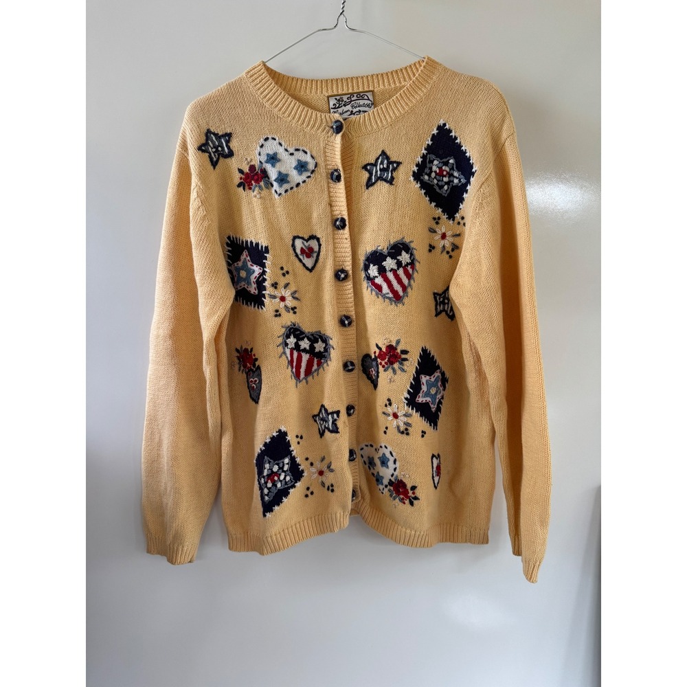 Vintage Heirloom Collectibles Americana Embroidered Cardigan Yellow Medium